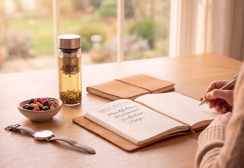 A daily rhythm journal listing mindfulness, movement, nutrition and sleep