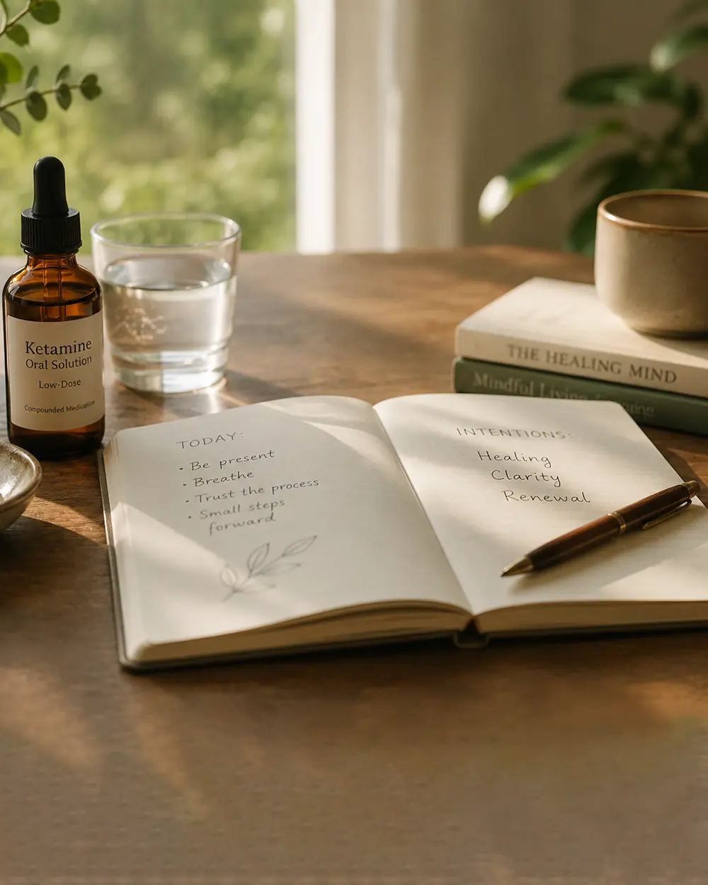 A daily practice journal beside a compounded low-dose ketamine prescription, on a desk by a window