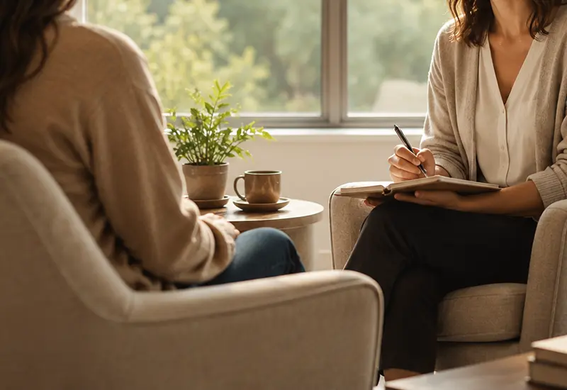 A warm, unhurried conversation in a calm therapy office